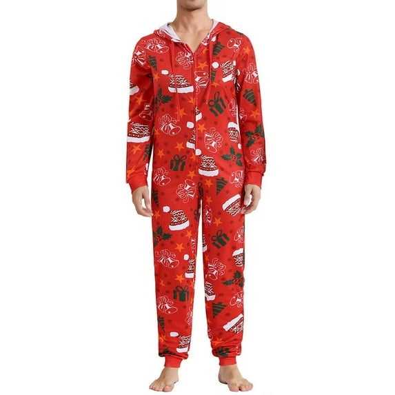 Couples Christmas Pajama Set Cute Print Hooded Zipper Rompers Loungewear Soft Sleepwear for Women Men Nightwear