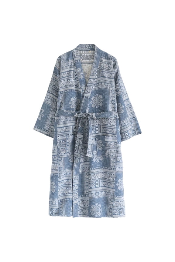 Couples Cotton Sleepwear Kimono Bathrobe Long Sleeve V-neck Nightwear With Belt Pocket Men And Women Home Clothes