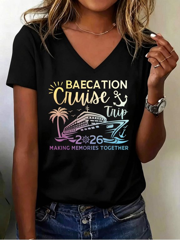 Couples Cruise Matching Squad Baecation Cruise Trip 2026 V Neck T-Shirt Cotton Women's V Neck Graphic Tee, Casual Short Sleeve Shirt,Vacation Outfit