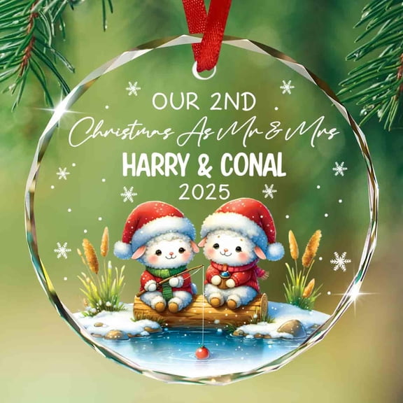 Couples Glass Ornament Xmas 2025, Our 2nd Christmas As Mr & Mrs Ornament 2025, Personalized Sheep Couple Married Christmas Ornaments, 2 Years Marriage Gifts, Custom Couple Names/Dating Anniversary