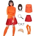 thumbnail image 1 of Couples Halloween Costumes for Women Velma Cosplay Outfit Orange Velma Costume with Mini Skater Skirt, 1 of 6