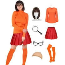 Couples Halloween Costumes for Women Velma Cosplay Outfit Orange Velma Costume with Mini Skater Skirt