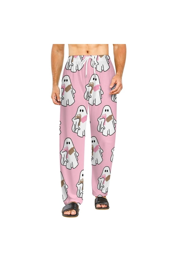 Couples Halloween Pajama Pants for Women Men Cartoon Ghost Pjs Pants Plush Pajama Bottom Costume Sleepwear
