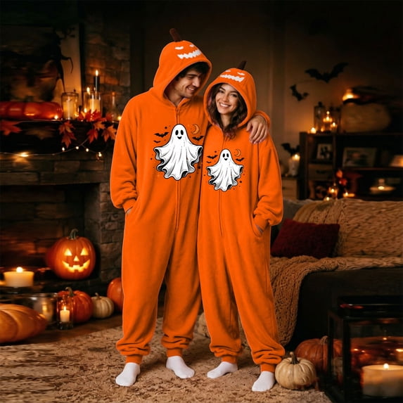 Couples Halloween Pajamas, Matching One Piece Jumpsuit Sleepwear with Cozy Loungewear Design for Men and Women Holiday Wear