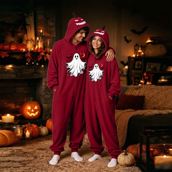 Couples Halloween Pajamas, Matching One Piece Jumpsuit Sleepwear with Cozy Loungewear Design for Men and Women Holiday Wear