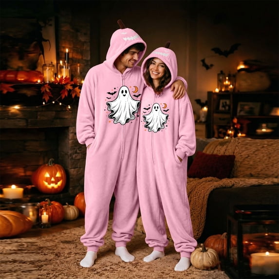 Couples Halloween Pajamas, Matching One Piece Jumpsuit Sleepwear with Cozy Loungewear Design for Men and Women Holiday Wear