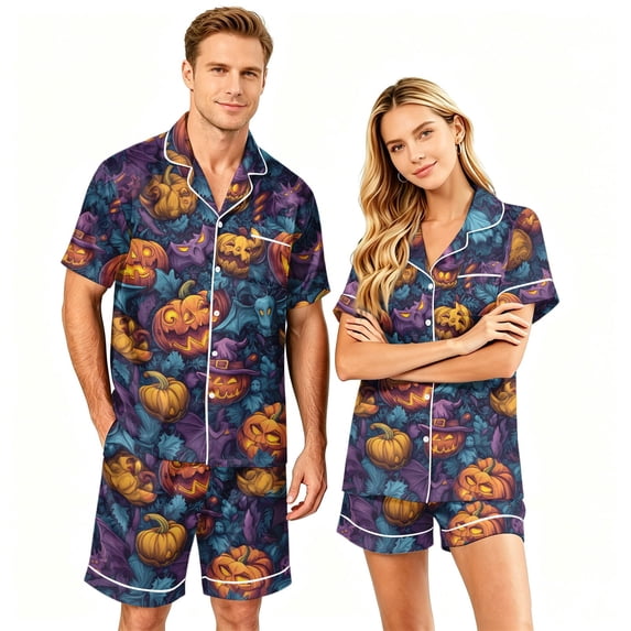Couples Halloween Sleepwear Sets Matching Short Sleeve Button Front Shirt and Shorts Halloween Print Lounge Outfits Festive PJs for Adults