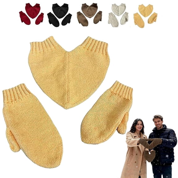 Couples Hand Holding Heart Mittens Set, Winter Warm Knitted Mittens, Cozy Soft Knit Couples Lovers Full Finger Heart Shape Stretchy For Winter