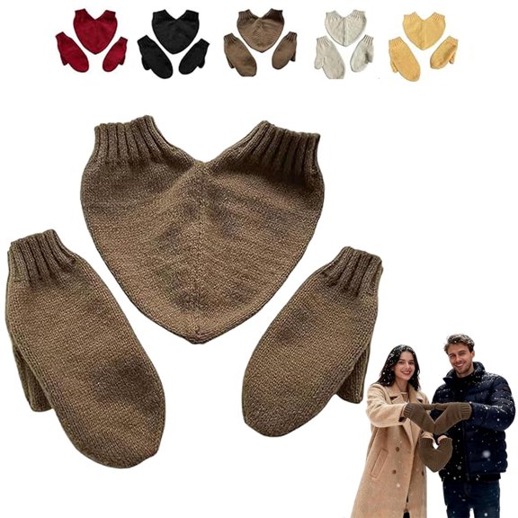 Couples Hand Holding Heart Mittens Set, Winter Warm Knitted Mittens, Cozy Soft Knit Couples Lovers Full Finger Heart Shape Stretchy For Winter