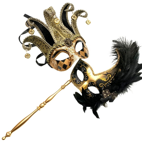 Couples Masquerade Jolly Jester Mask Cosplay Mardi Gras Prom Dance Birthday Party Wear or Deco (Mardi Gras w Stick)