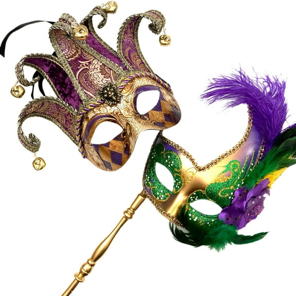 Couples Masquerade Jolly Jester Mask Cosplay Mardi Gras Prom Dance Birthday Party Wear or Deco (Mardi Gras w Stick)