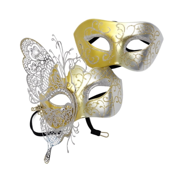 Couples Masquerade Masks, Gold Silver Venetian Masquerade Masks for Women and Men, Rhinestone Metal Butterfly Design for Masquerade Party, Halloween Party Accessory, 2 Pack