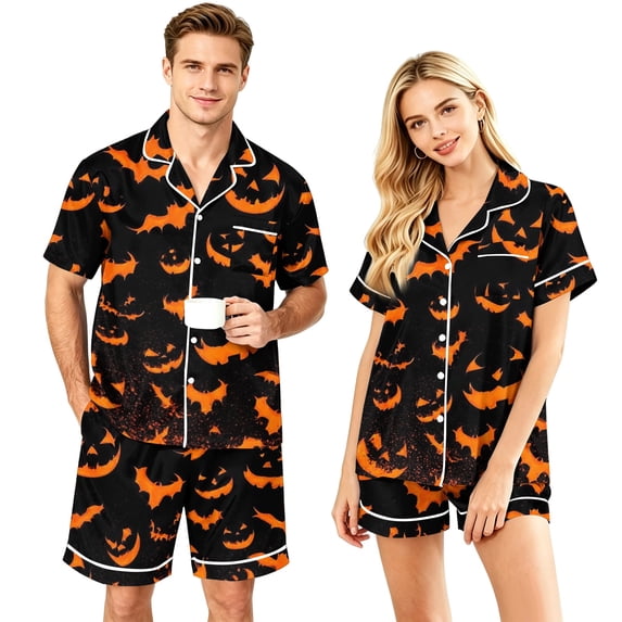 Couples Matching Halloween Pajama Sets 2 Piece Short Sleeve Button Down Pjs Soft Lightweight Sleepwear for Women Men Plus Size Pumpkin Bat Print Lounge Set Black L