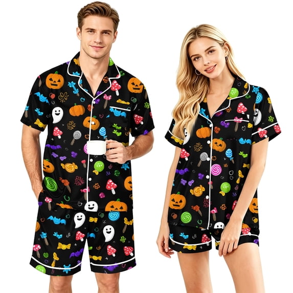 Couples Matching Halloween Pajama Sets 2 Piece Short Sleeve Button Down Pjs Soft Lightweight Sleepwear for Women Men Plus Size Pumpkin Bat Print Lounge Set Blue 2XL