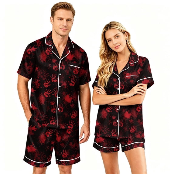 Couples Matching Halloween Pajamas Set Short Sleeve Button Down Shirt and Shorts Spooky Festivity Sleepwear Outfits