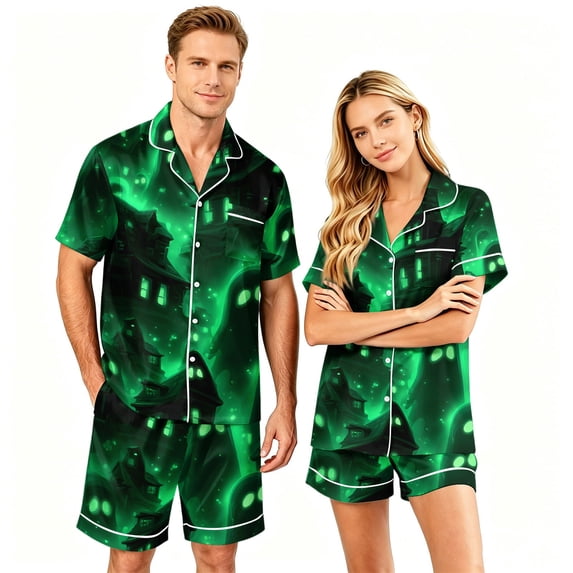 Couples Matching Halloween Pajamas Set Short Sleeve Button Down Shirt and Shorts Spooky Festivity Sleepwear Outfits