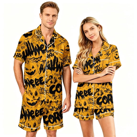Couples Matching Halloween Pajamas Set Short Sleeve Button Down Shirt and Shorts Spooky Pumpkin Nightwear Loungewear PJs