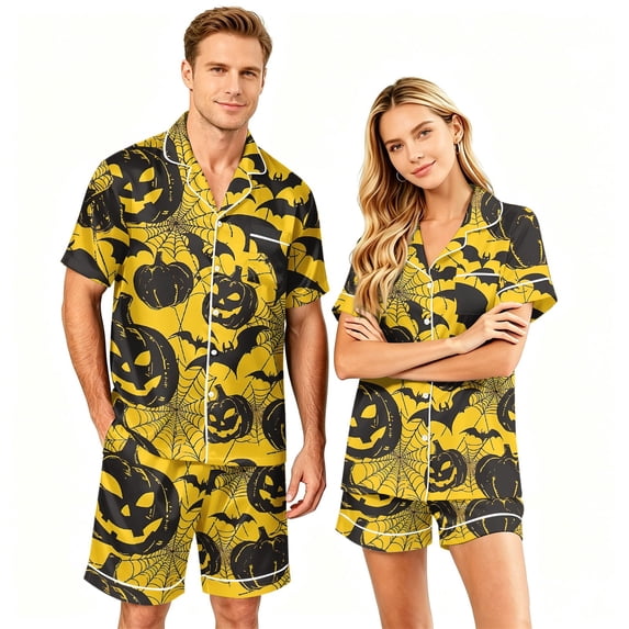 Couples Matching Halloween Pajamas Short Sleeve Button Down Shirt with Shorts Spooky Jack O Lantern Ghost Print Loungewear PJs Sets