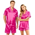 thumbnail image 1 of Couples Matching Outfits 2 Piece Lounge Set Silk Satin Pajama Short Sleeve Button Down Satin Sleepwear Soft Pj Set（Women）, 1 of 8