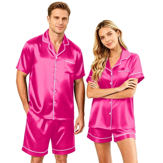 Couples Matching Outfits 2 Piece Lounge Set Silk Satin Pajama Short Sleeve Button Down Satin Sleepwear Soft Pj Set(Women)