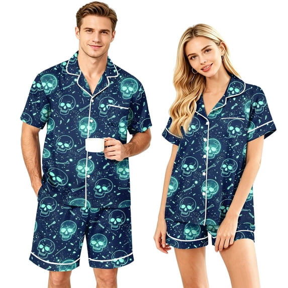Couples Matching Pajama Sets 2 Piece Short Sleeve Button Down Pjs Soft Lightweight Breathable Sleepwear for Men Women Halloween Skull Print with Lapel Collar Blue S