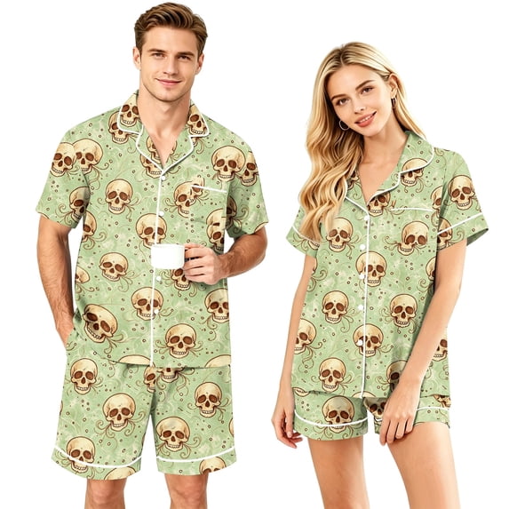 Couples Matching Pajama Sets 2 Piece Short Sleeve Button Down Pjs Soft Lightweight Breathable Sleepwear for Men Women Halloween Skull Print with Lapel Collar Light Green XL