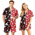 thumbnail image 1 of Couples Matching Pajama Sets 2 Piece Short Sleeve Button Down Pjs Soft Lightweight Breathable Sleepwear for Men Women Halloween Skull Print with Lapel Collar Red XL, 1 of 6