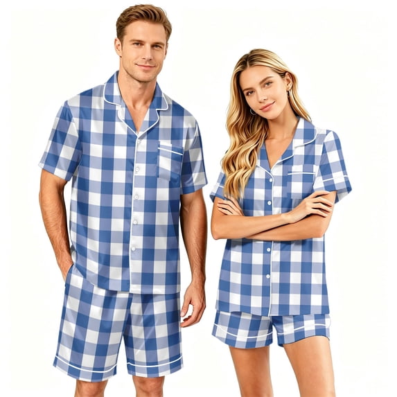 Couples Matching Pajamas Men and Women Silk Button Down Loungewear Short Sleeve Sleepwear Soft 2 Pcs Pj Set(Women)