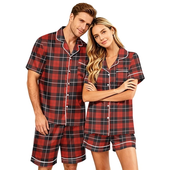 Couples Matching Pajamas, Silky Satin Short Sleeve Sleepwear for Women Button Down 2 Piece Loose Fit Casual Nightwear Pjs Set
