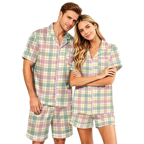 Couples Matching Pajamas, Silky Satin Short Sleeve Sleepwear for Women Button Down 2 Piece Loose Fit Casual Nightwear Pjs Set