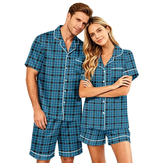 Couples Matching Pajamas, Silky Satin Short Sleeve Sleepwear for Women Button Down 2 Piece Loose Fit Casual Nightwear Pjs Set
