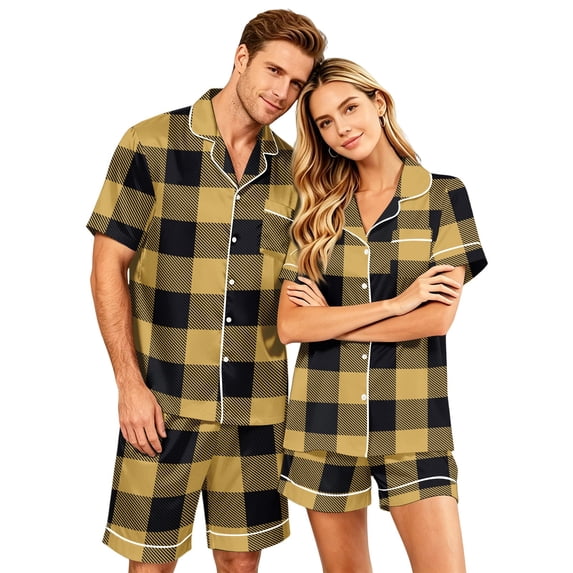 Couples Matching Pajamas, Women Satin 2 Piece Pjs Set Short Sleeve Button Down Loose Casual Summer Sleepwear Nightwear