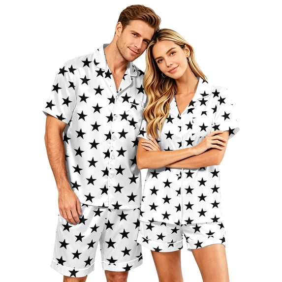 Couples Matching Pajamas, Women Satin 2 Piece Pjs Set Short Sleeve Button Down Loose Casual Summer Sleepwear Nightwear