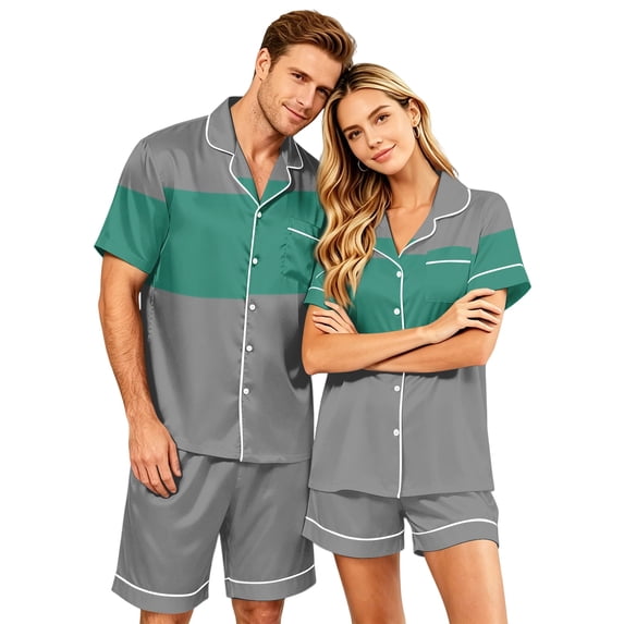 Couples Matching Pajamas, Women Satin 2 Piece Pjs Set Short Sleeve Button Down Loose Casual Summer Sleepwear Nightwear