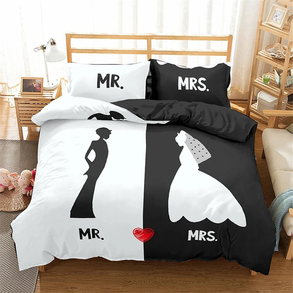Couples Modern Duvet Cover Crown Bedding Set Black White Bed Cover For