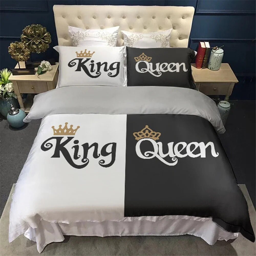 Couples Modern Duvet Cover Crown Bedding Set Black White Bed Cover For