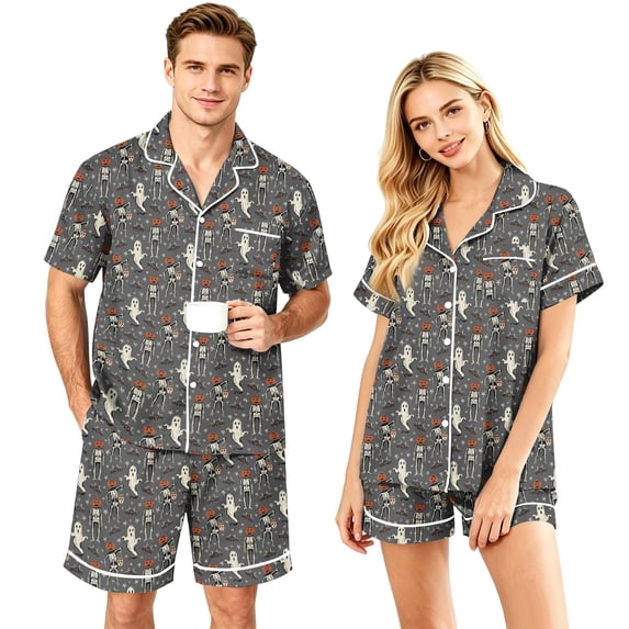 Couples Pajama Sets Matching Halloween 2 Piece Short Sleeve Button Down Pjs Soft Lightweight Sleepwear Lounge Set for Her Him Allover Seasonal Motif Print Light Gray 2XL