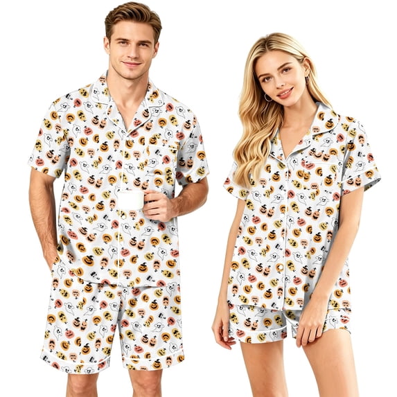 Couples Pajama Sets Matching Halloween 2 Piece Short Sleeve Button Down Pjs Soft Lightweight Sleepwear Lounge Set for Her Him Allover Seasonal Motif Print Orange S