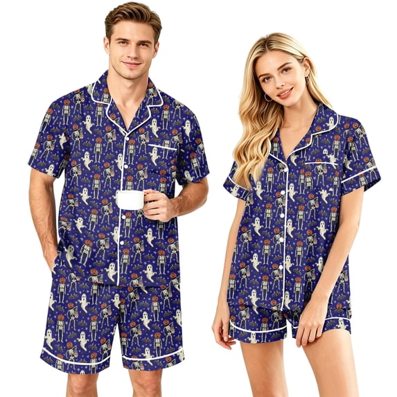 Couples Pajama Sets Matching Halloween 2 Piece Short Sleeve Button Down Pjs Soft Lightweight Sleepwear Loungewear for Her Him with Allover Graphic Print Blue M