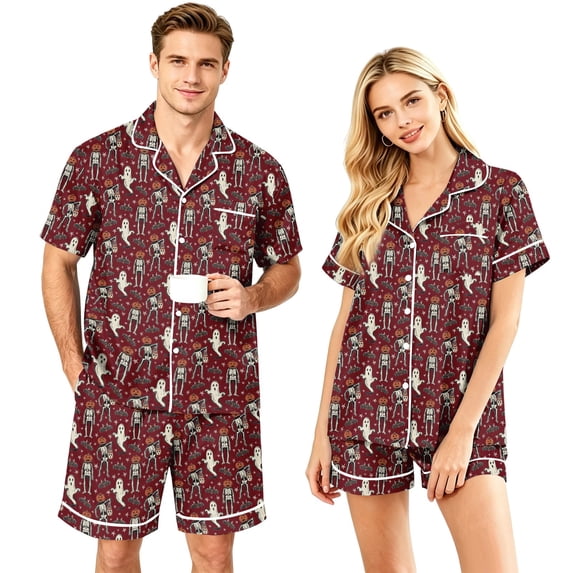 Couples Pajama Sets Matching Halloween 2 Piece Short Sleeve Button Down Pjs Soft Lightweight Sleepwear Loungewear for Her Him with Allover Graphic Print Red S