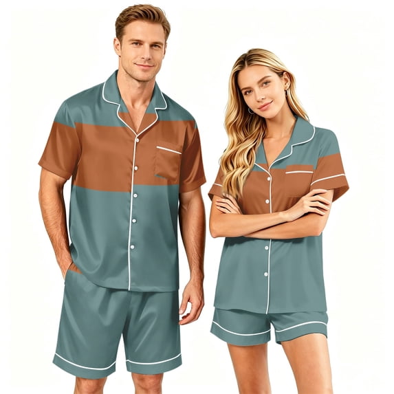 Couples Pajamas Matching Sets Silk Satin Short Sleeve Button Down Pjs Sleepwear Satin Pjs Shorts Set Soft Loungewear S-Xxxxl(Women)
