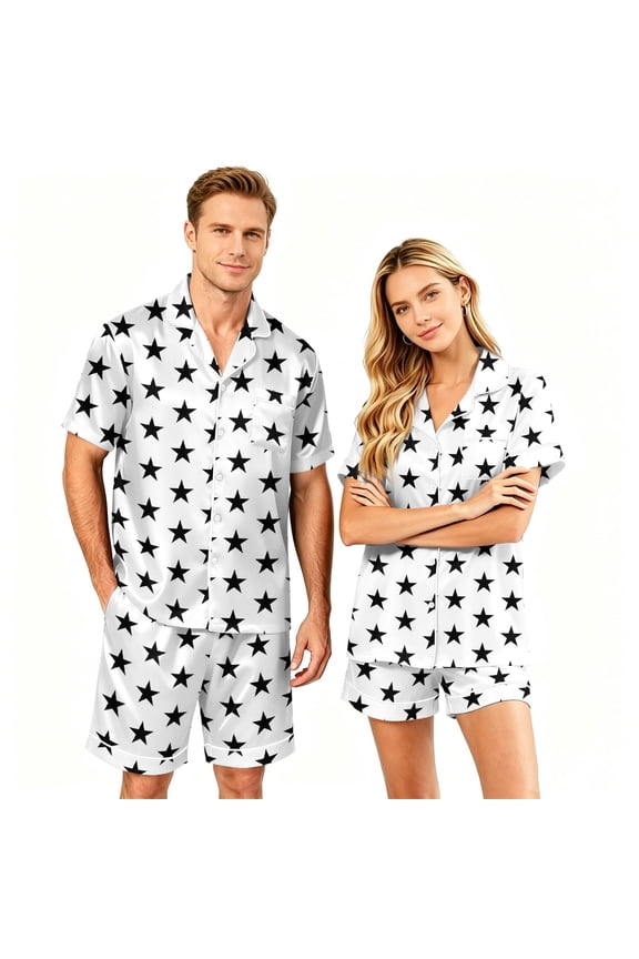 Couples Pajamas Set Silk Satin Short Sleeve Button Down Pjs Sleepwear 2 Pieces Button Down Loungewear Set S-Xxxxl(Men)