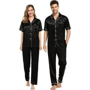 WINDAMAZINGSTORY Couples Pajamas Sets Silk Satin Short Sleeve Sleepwear Button Down Loungewear Pjs Set with Long Pants