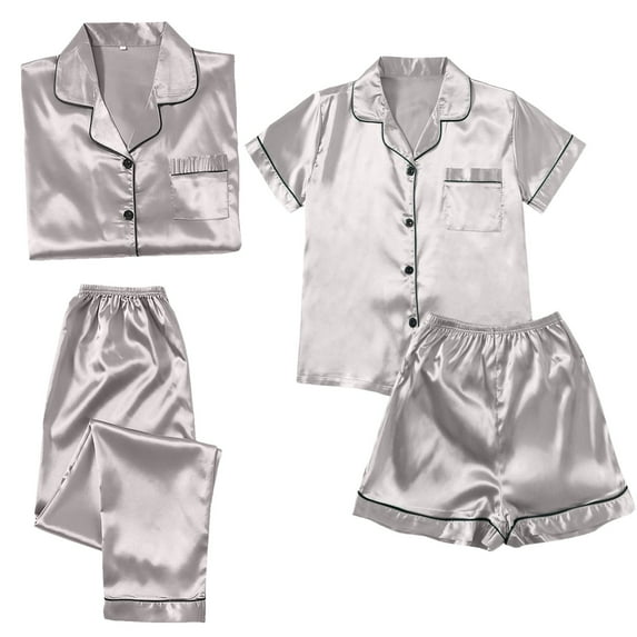 Couples Pajamas Sets Women & Men Satin Short Sleeve Sleepwear Button Down Loungewear Pjs Set with Pants