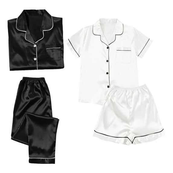 Couples Pajamas Sets Women & Men Satin Short Sleeve Sleepwear Button Down Loungewear Pjs Set with Pants