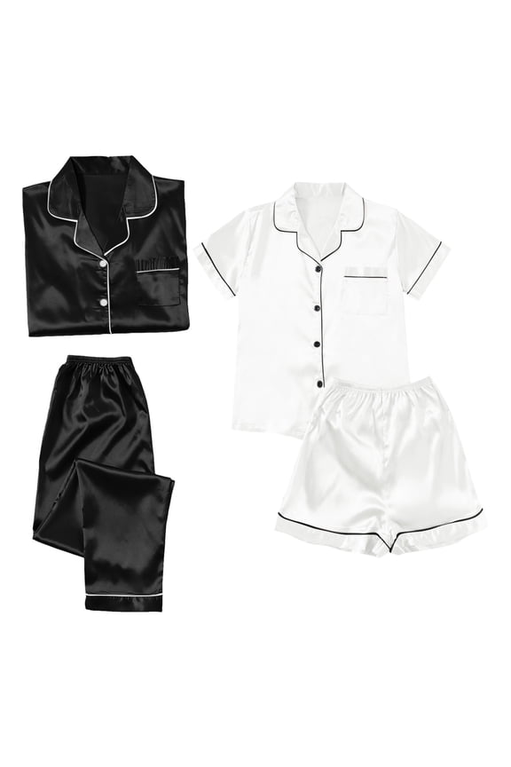 Couples Pajamas Sets Women & Men Satin Short Sleeve Sleepwear Button Down Loungewear Pjs Set with Pants