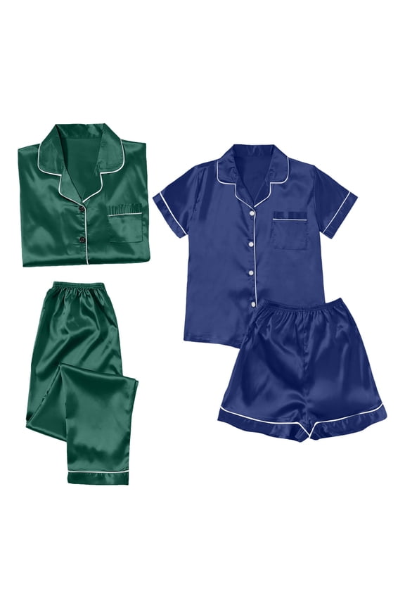 Couples Pajamas Sets Women & Men Satin Short Sleeve Sleepwear Button Down Loungewear Pjs Set with Pants