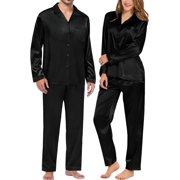 WINDAMAZINGSTORY Couples Pajamas Womens &Mens Matching Pajamas Set Silk Satin Pj Set Long Sleeve Button Down Sleepwear 2 Pcs Loungewear