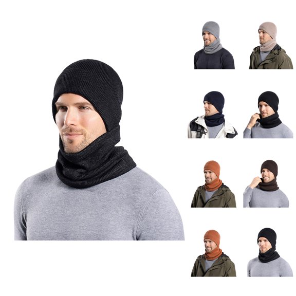 Couples Plush Knit Beanie Set - Cotton Lined Hat And Neck Warmer Combo, Winter Warm Stocking Stuffers, For Outdoor Cold Weather Activities