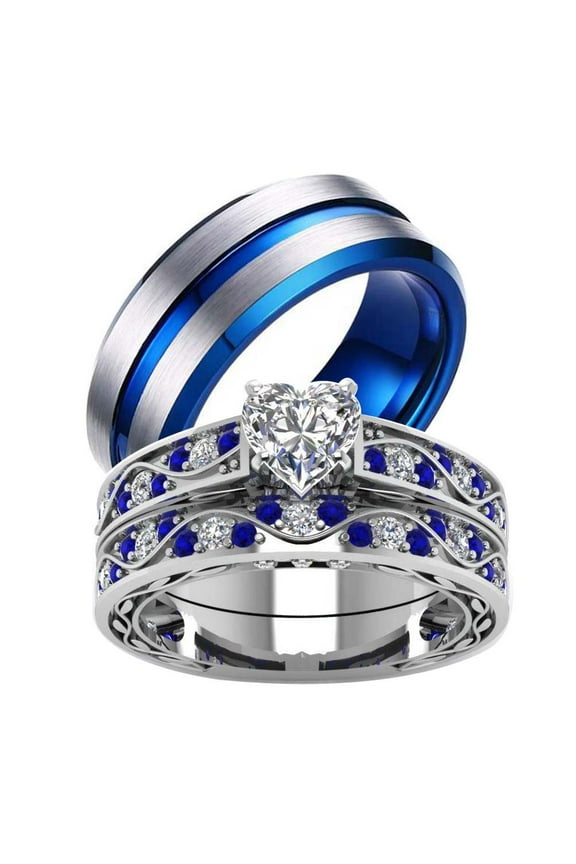 Couples Rings Sterling Silver Blue Diamond Wedding Engagement Ring Bridal Sets Men's Titanium Wedding Band